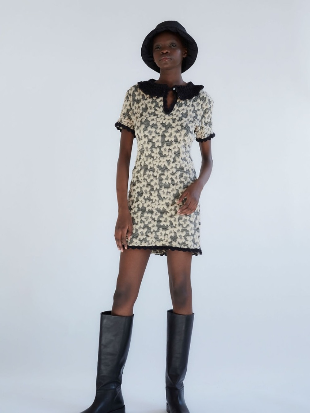 NEW: TACH Clothing - Nana Black & Cream Jacquard Floral Collared Dress